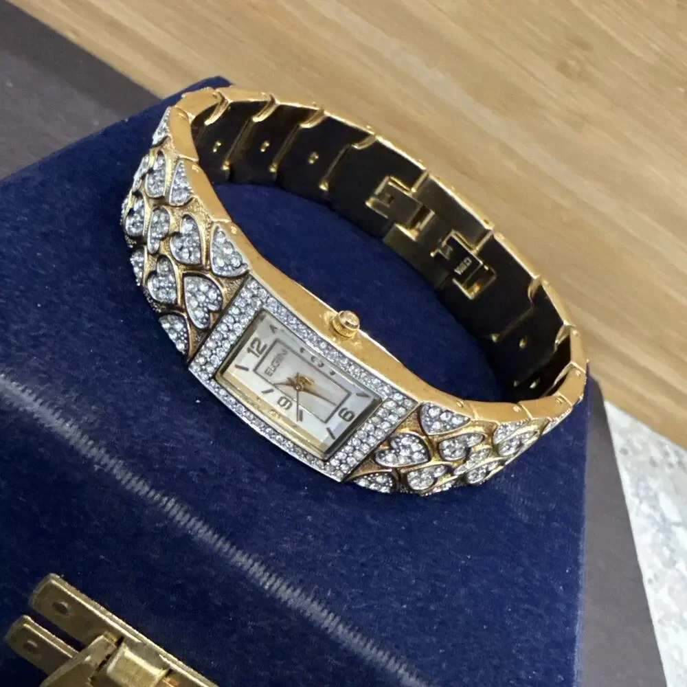 VTG Elgin Rhinestone Heart Bracelet Watch Gold Tone Cocktail w Box